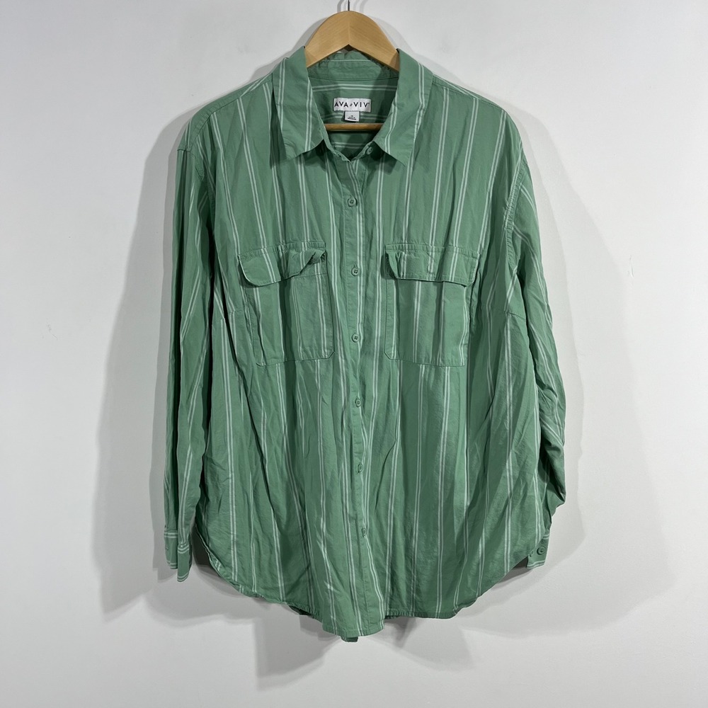 Ava&Viv Fisherman Coastal Striped Button Down Long Sleeve Shirt Cotton Womens 1X